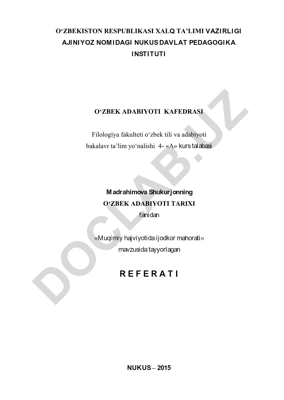Muqimiy hajviyotida ijodkor mahorati