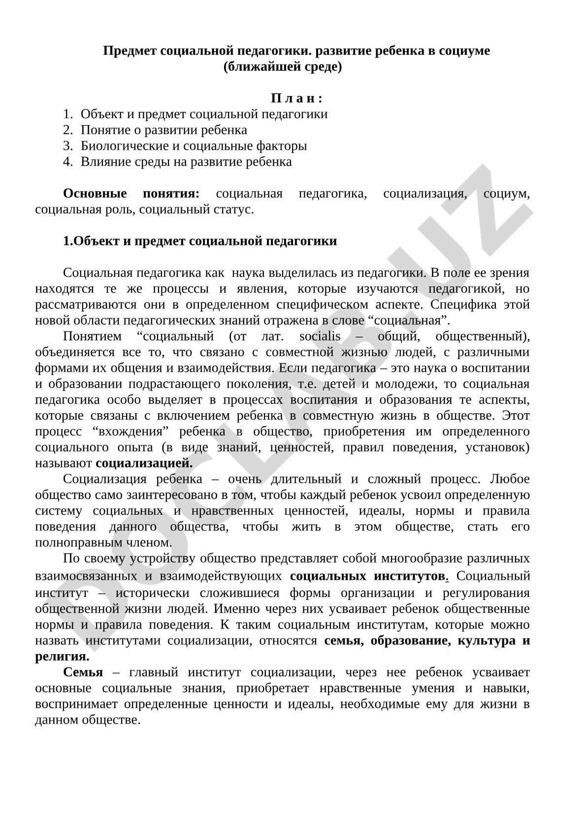 Предмет социальной педагогики. Развитие ребенка в социуме