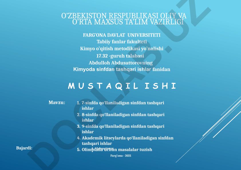 7-9-sinflarda kimyodan sinfdan tashqari ishlar va olimpiada masalalari