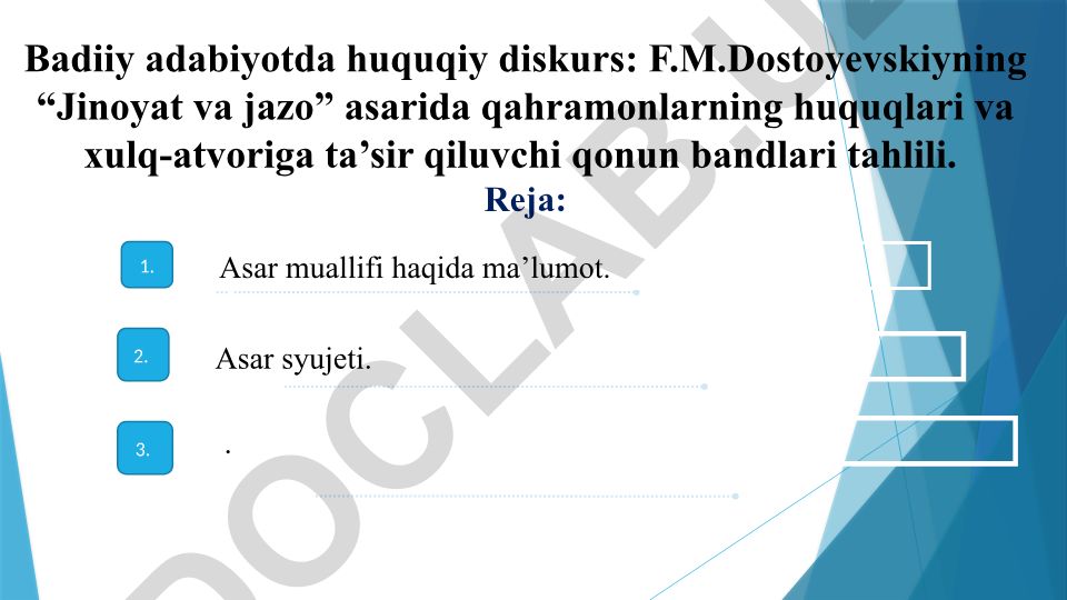Badiiy adabiyotda huquqiy diskurs: Dostoyevskiyning "Jinoyat va jazo" asarida qonun bandlari tahlili