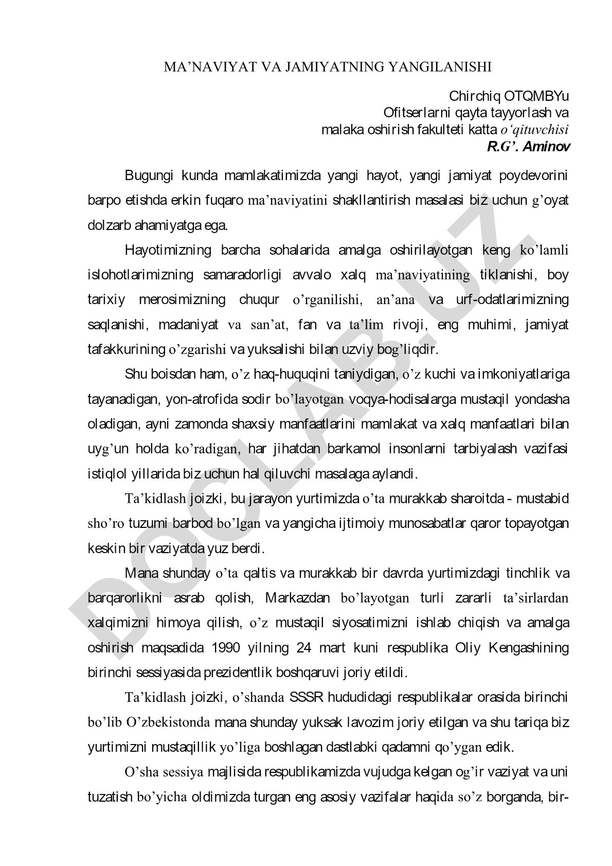 Ma'naviyat va jamiyatning yangilanishi