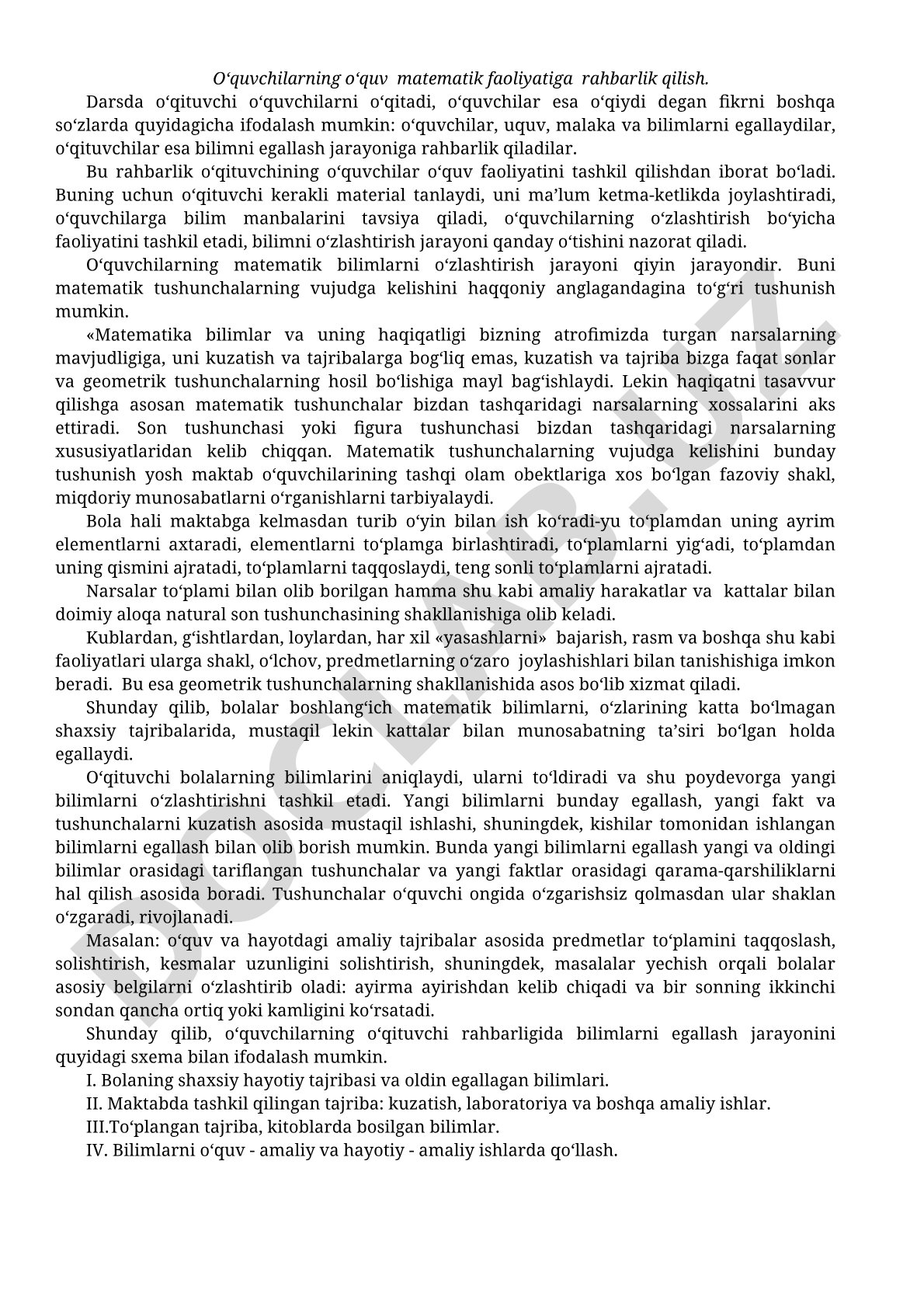 O'quvchilarning o'quv matematik faoliyatiga rahbarlik qilish