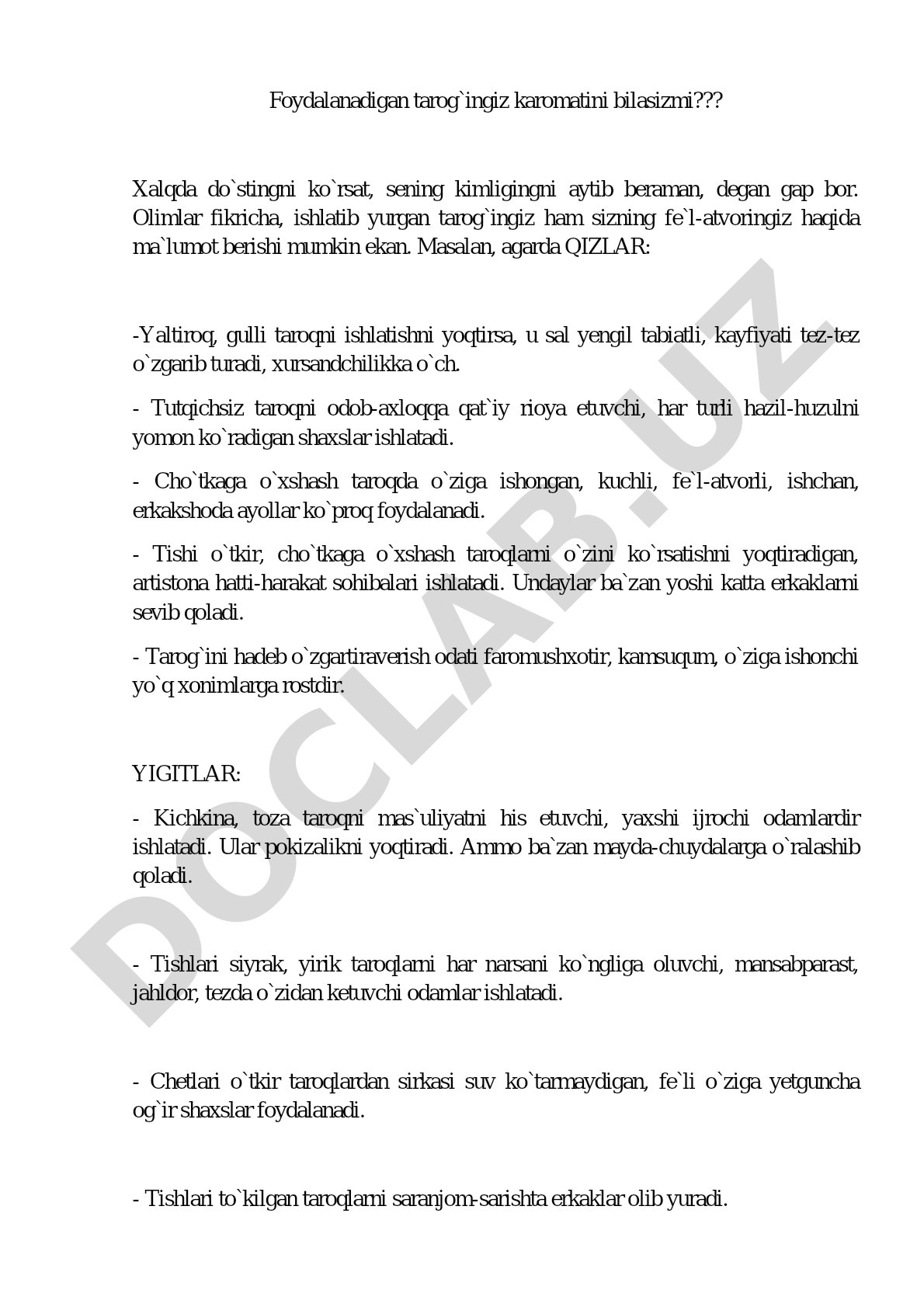 Taroq va fe'l-atvor o'rtasidagi bog'liqlik