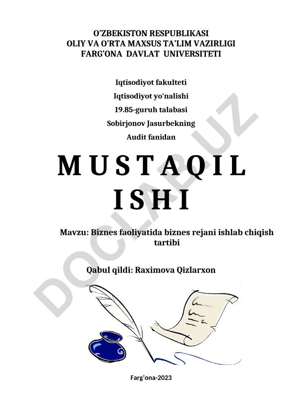 Biznes faoliyatida biznes rejani ishlab chiqish tartibi