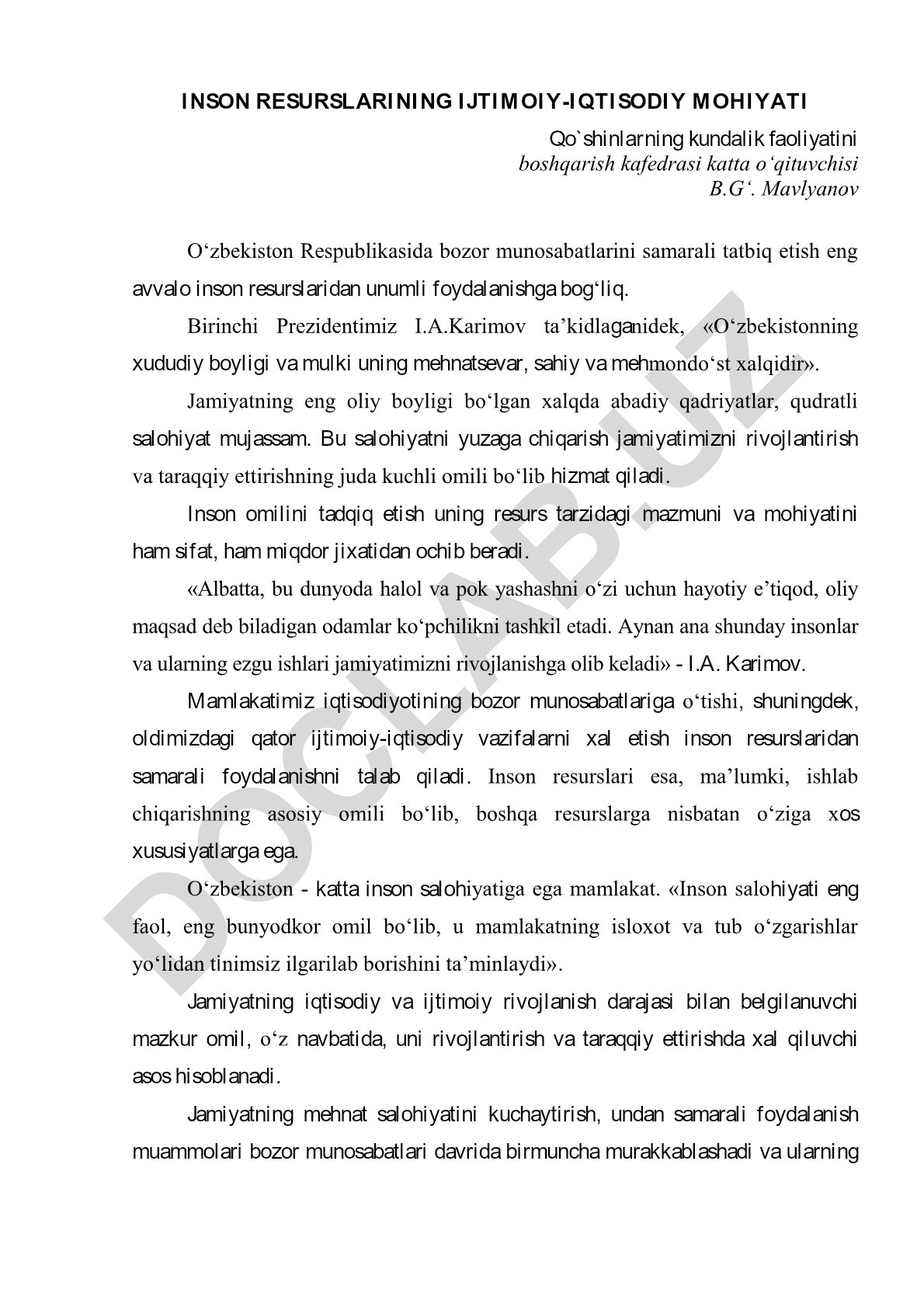Inson resurslarining ijtimoiy-iqtisodiy mohiyati