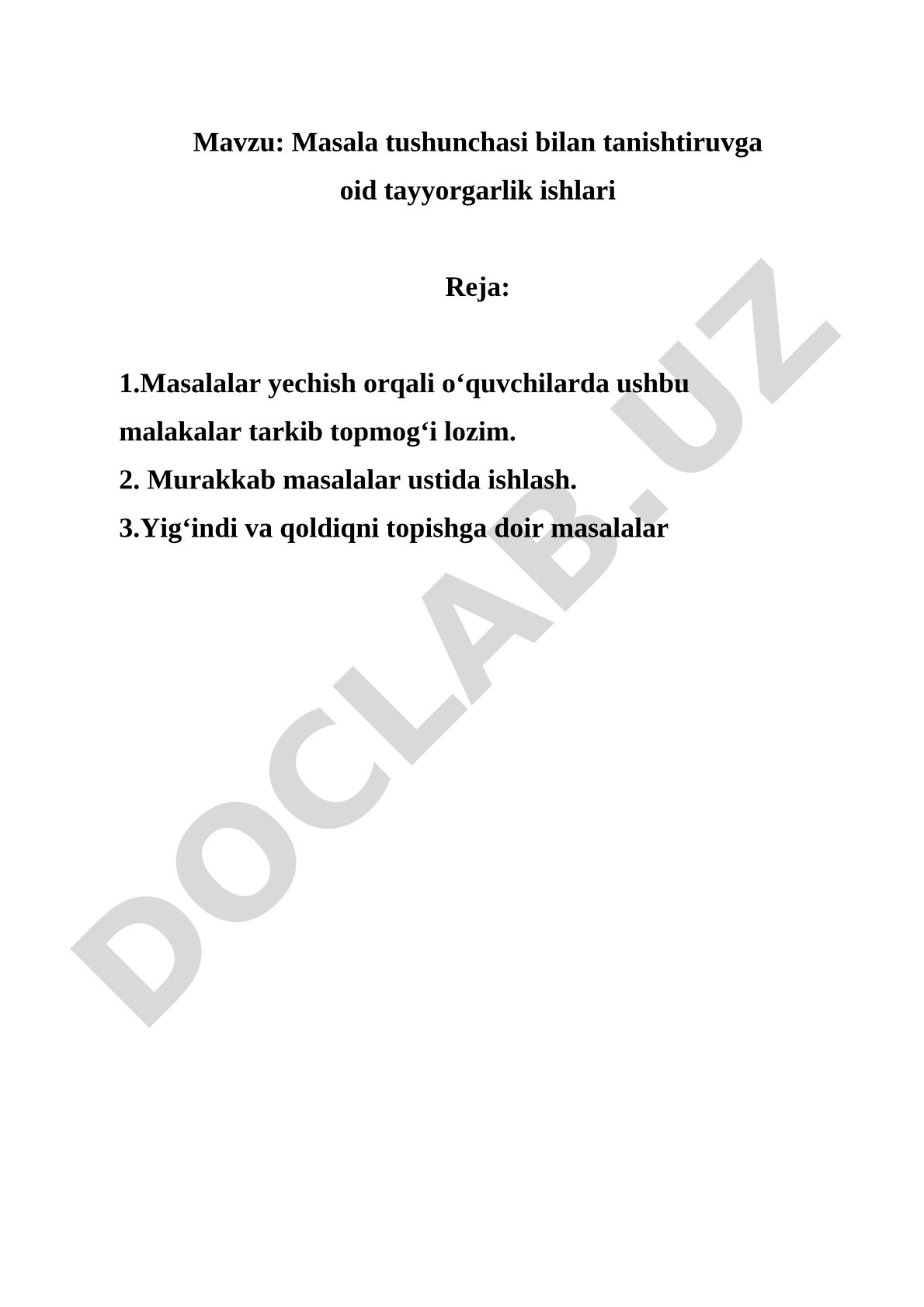 Masala tushunchasi bilan tanishtiruvga oid tayyorgarlik ishlari