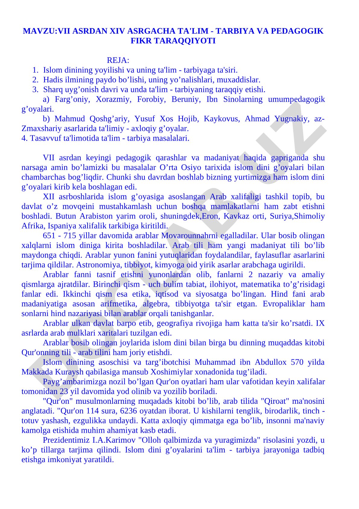 VII asrdan XIV asrgacha ta'lim - tarbiya va pedagogik fikr taraqqiyoti
