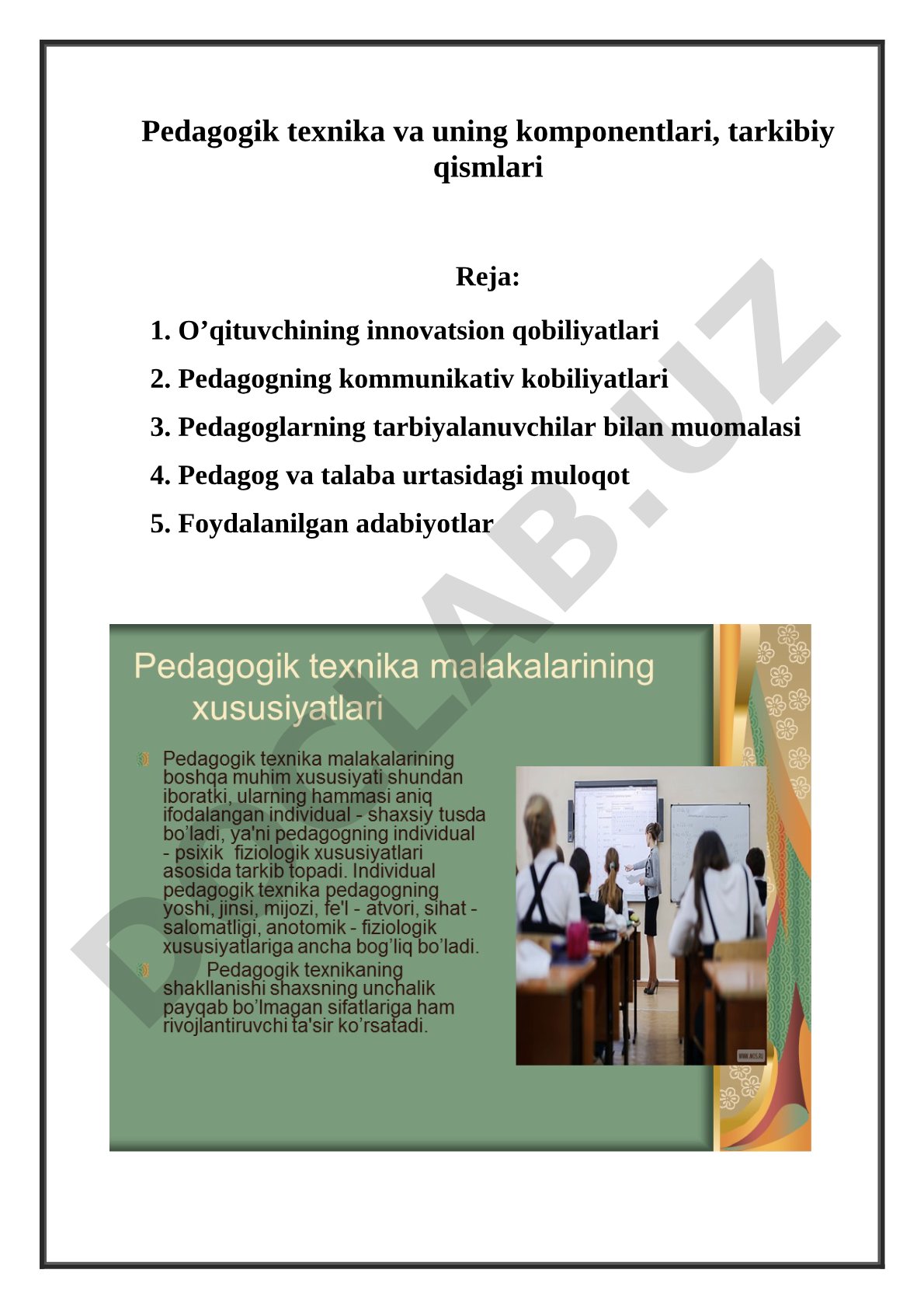 Pedagogik texnika va uning komponentlari, tarkibiy qismlari