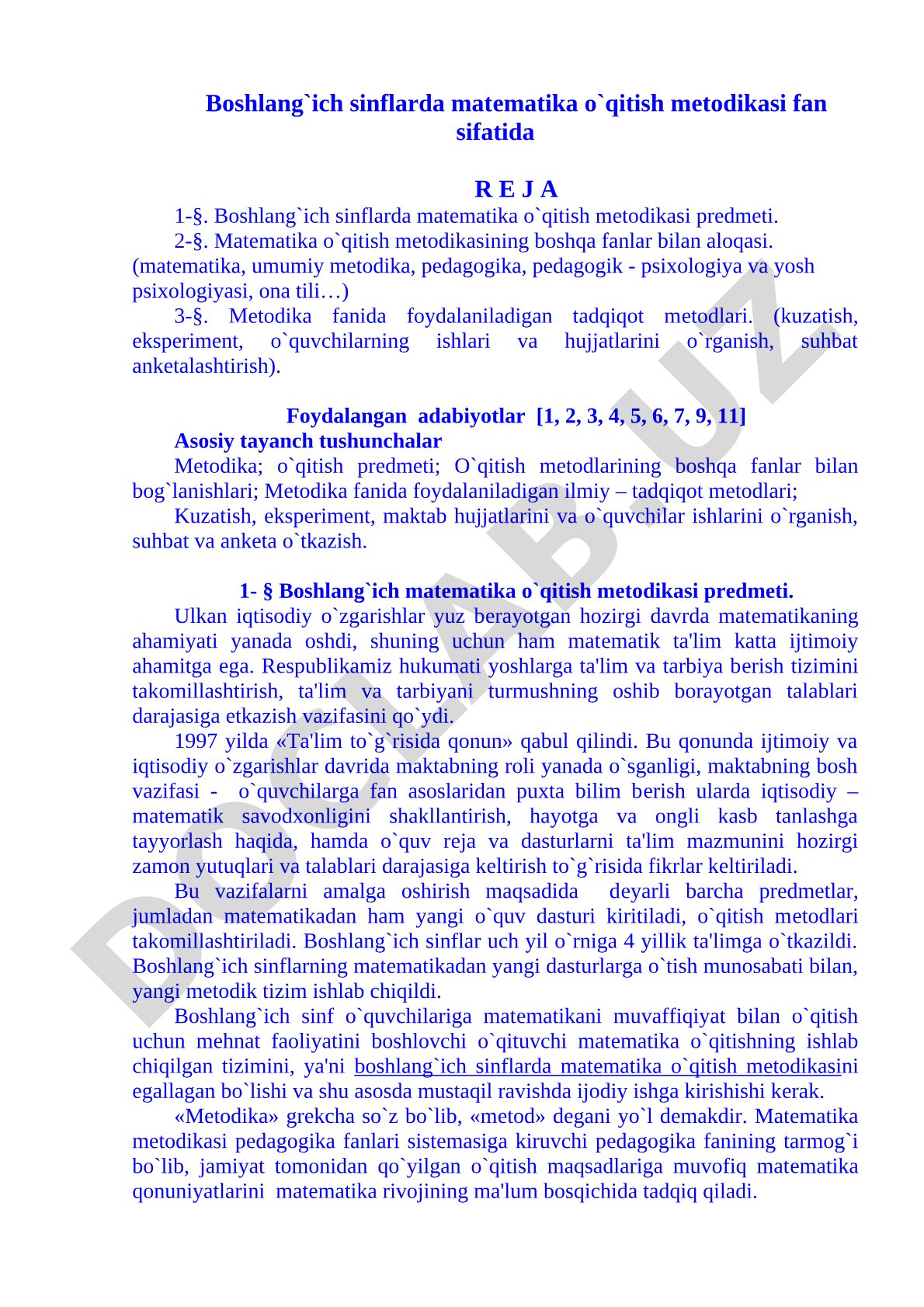 Boshlang'ich sinflarda matematika o'qitish metodikasi fan sifatida