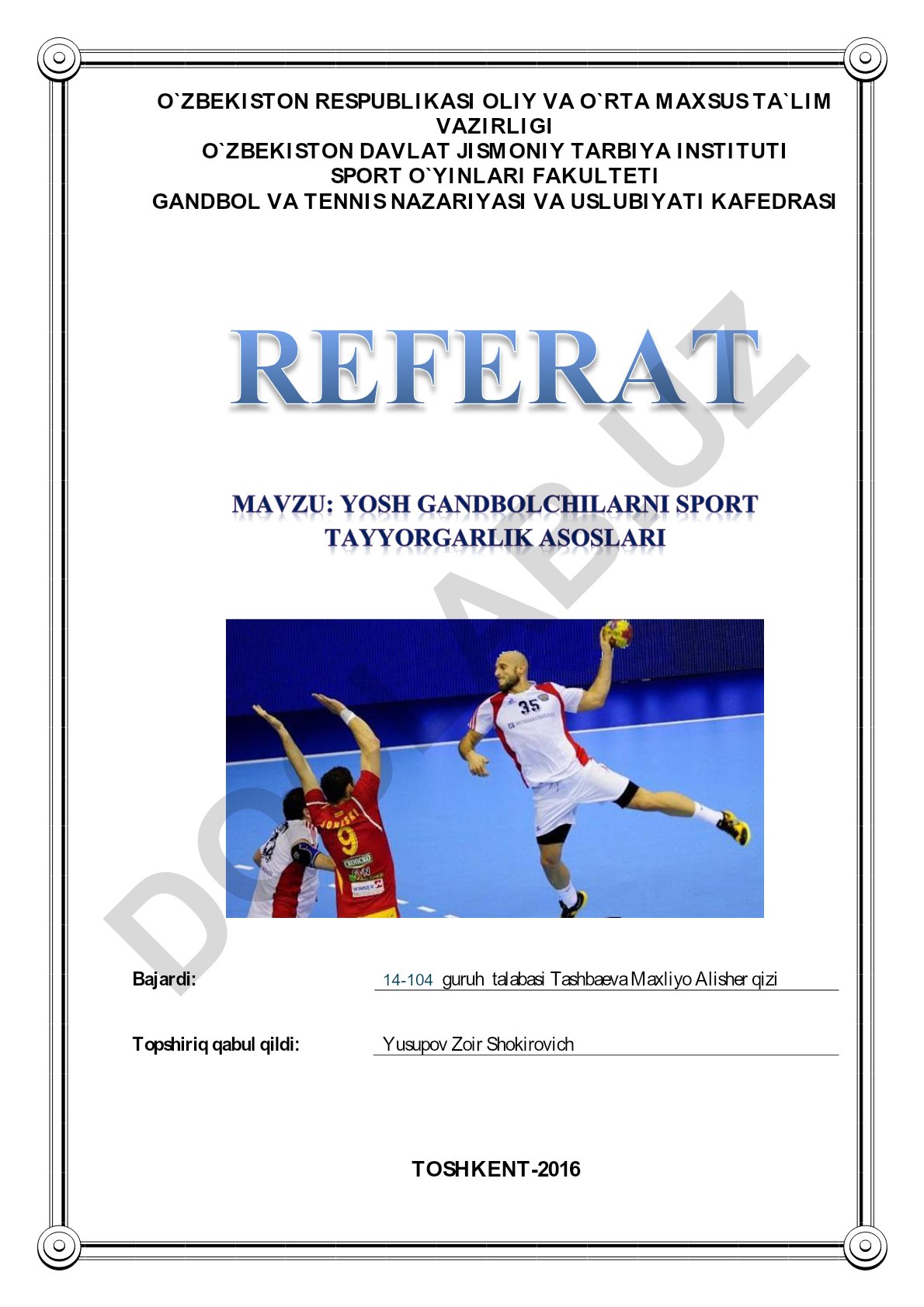 Yosh gandbolchilarni sport tayyorgarlik asoslari