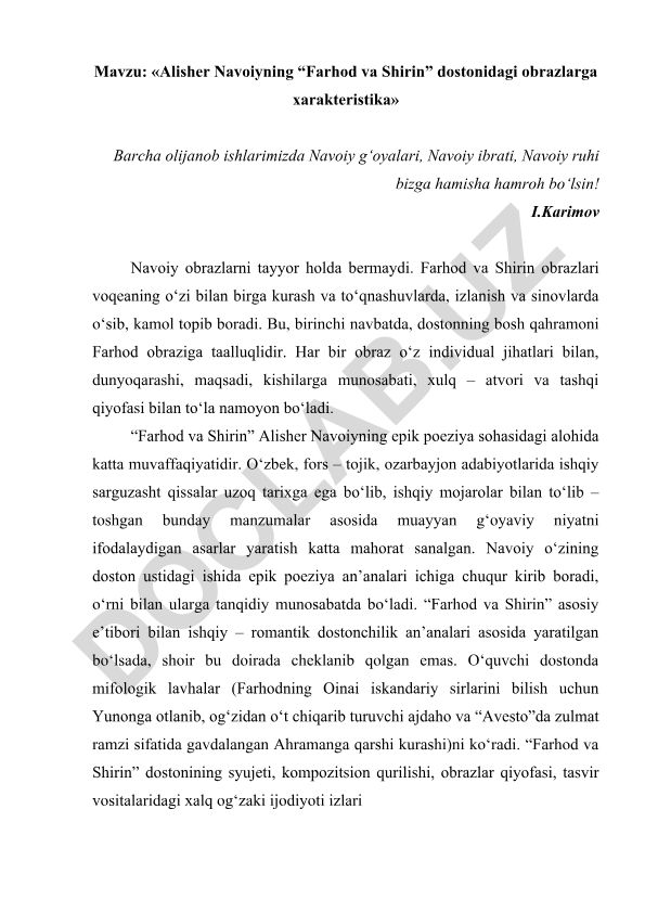 Alisher Navoiyning “Farhod va Shirin” dostonidagi obrazlarga xarakteristika