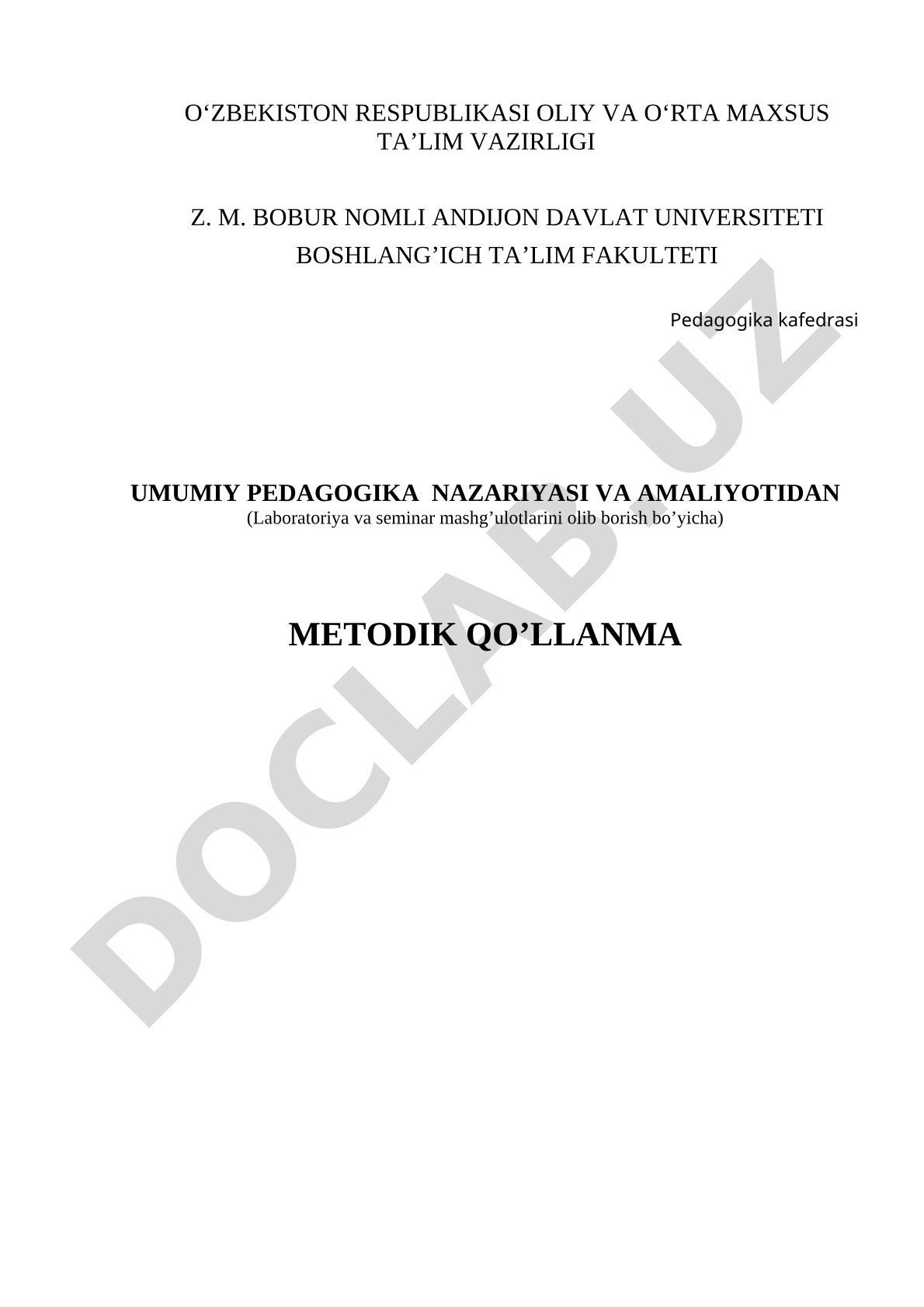 Umumiy pedagogika nazariyasi va amaliyotidan metodik qo'llanma