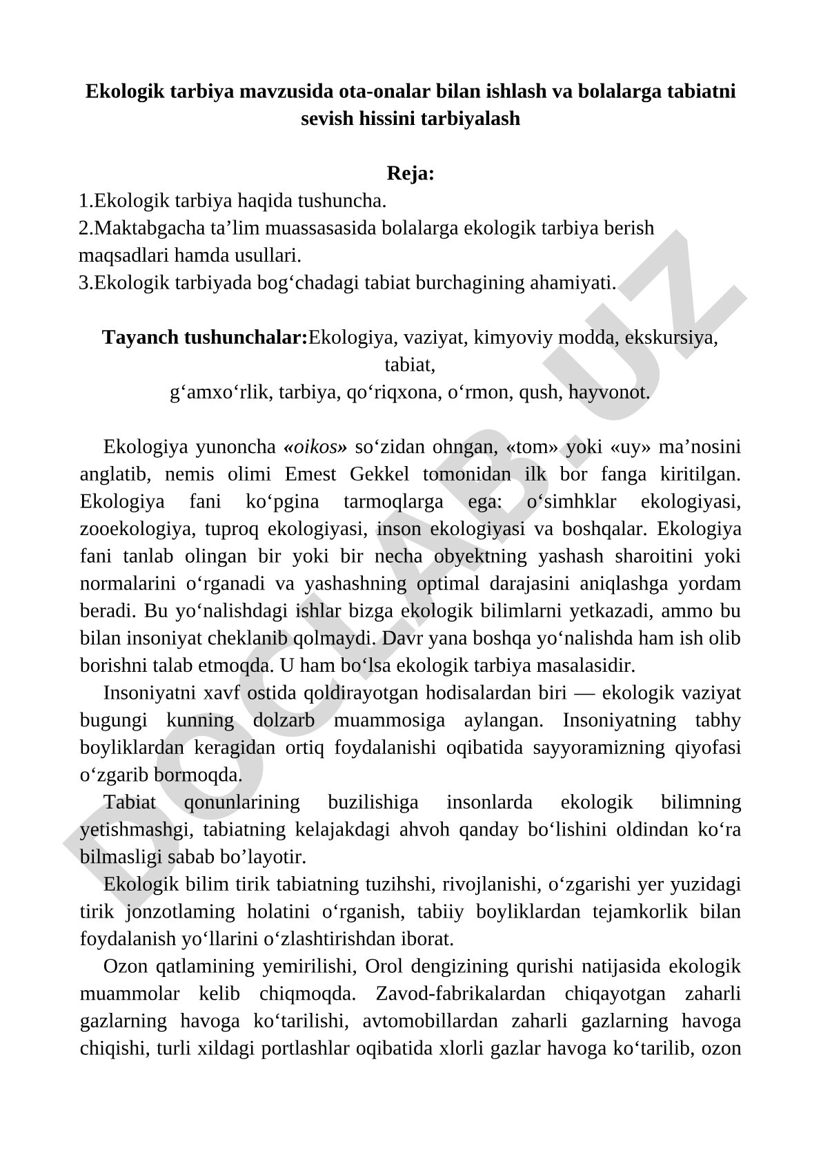 Ekologik tarbiya mavzusida ota-onalar bilan ishlash va bolalarga tabiatni sevish hissini tarbiyalash