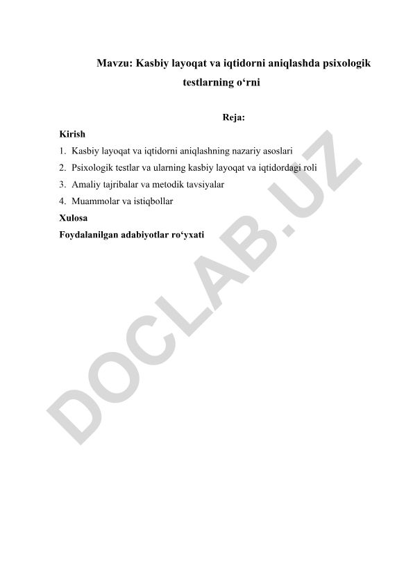 Kasbiy layoqat va iqtidorni aniqlashda psixologik testlarning o‘rni