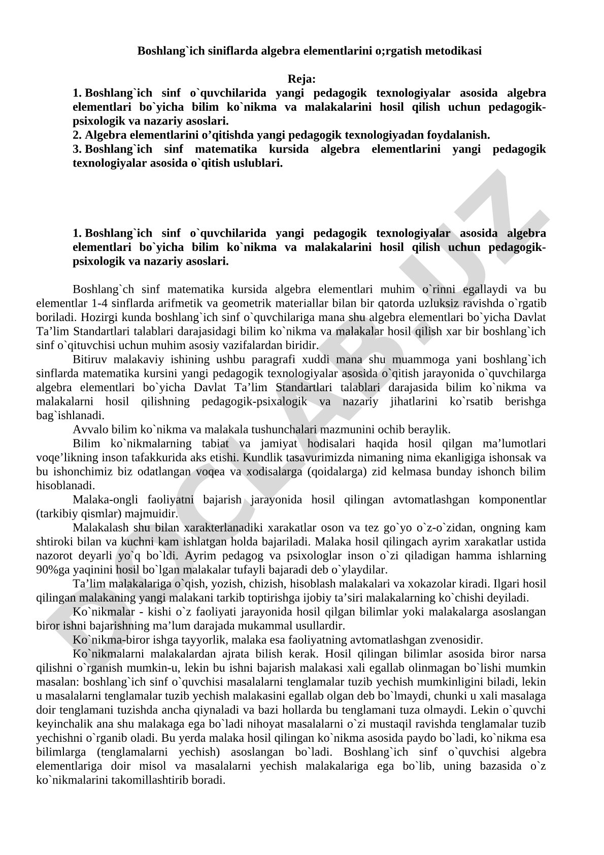 Boshlang'ich sinflarda algebra elementlarini o'rgatish metodikasi