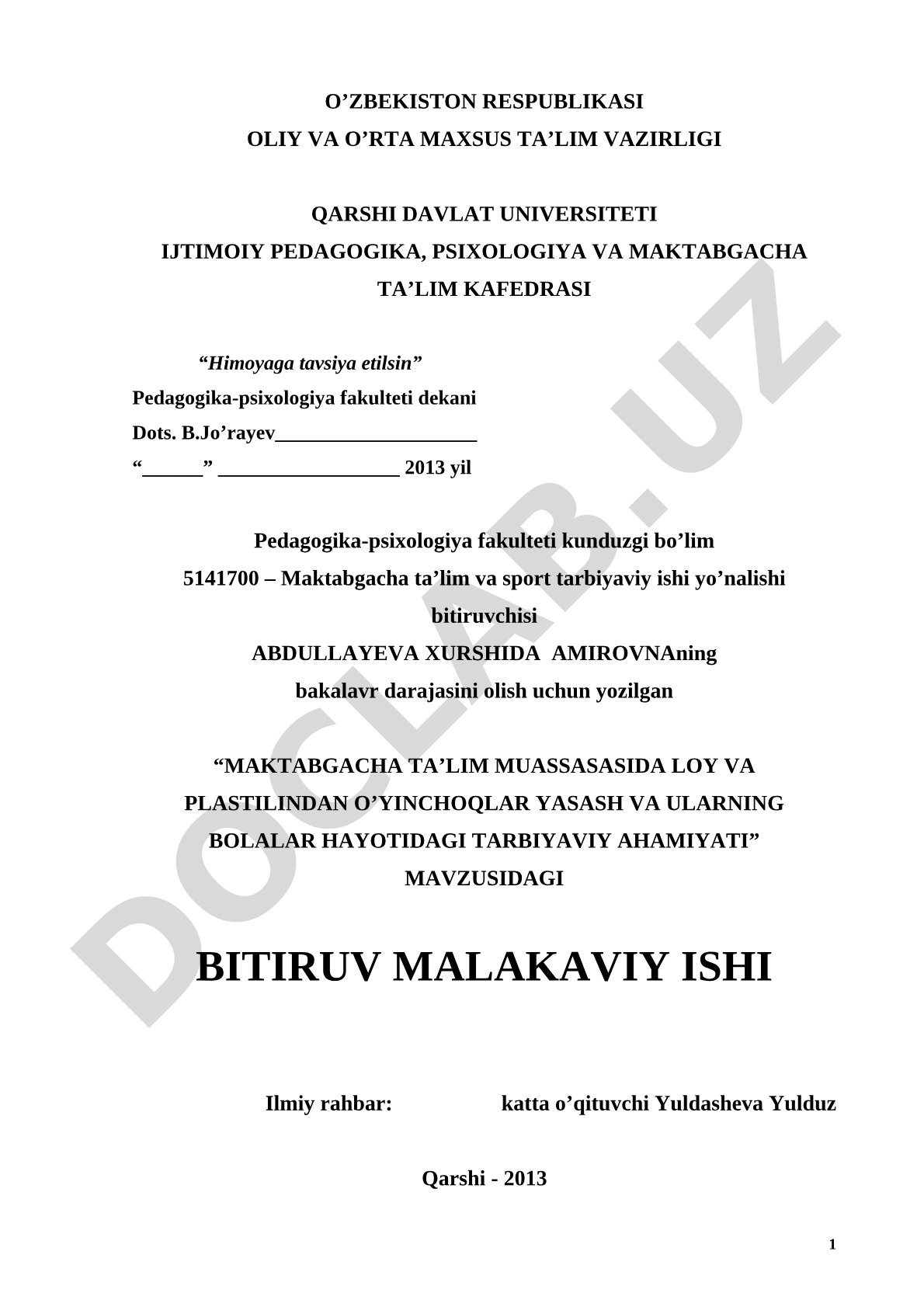 Maktabgacha ta'lim muassasasida loy va plastilindan o'yinchoqlar yasash va ularning bolalar hayotidagi tarbiyaviy ahamiyati