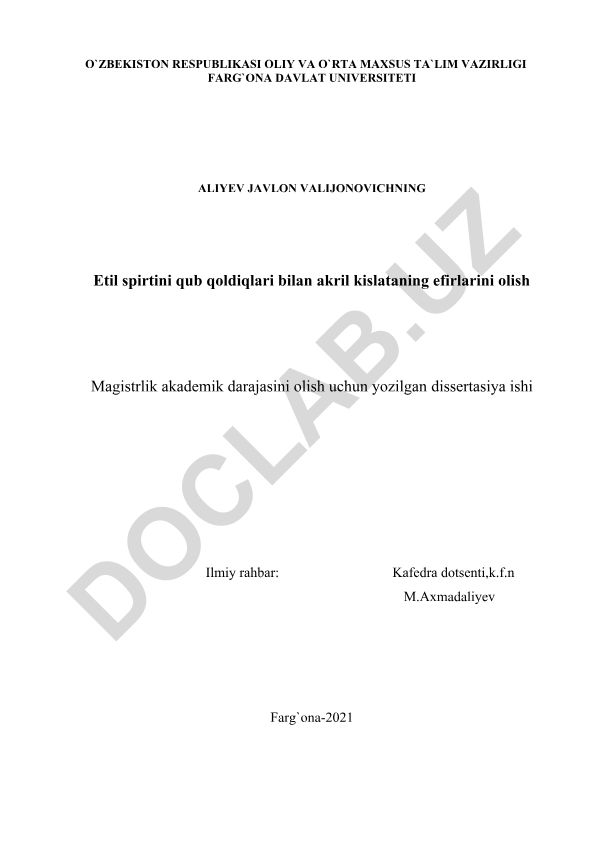 Etil spirti qub qoldiqlari bilan akril kislataning efirlarini olish