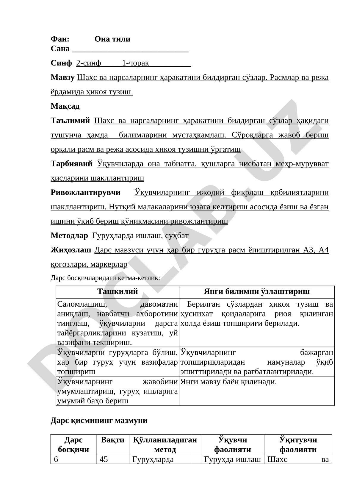 Шахс ва нарсаларнинг ҳаракатини билдирган сўзлар. Расмлар ва режа ёрдамида ҳикоя тузиш
