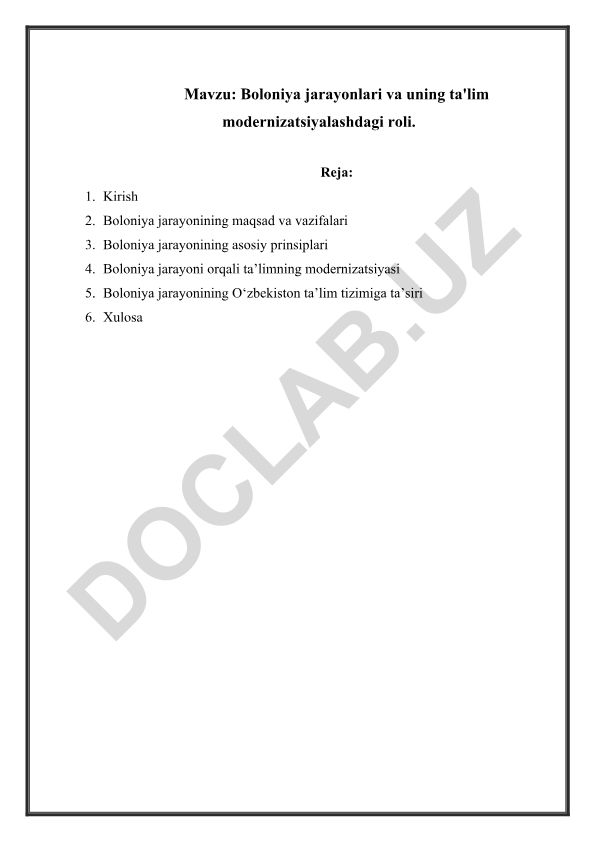 Boloniya jarayonlari va uning ta'lim modernizatsiyalashdagi roli