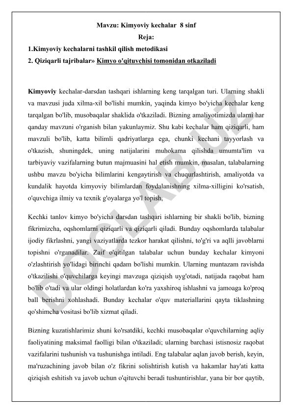 Kimyoviy kechalar 8 sinf