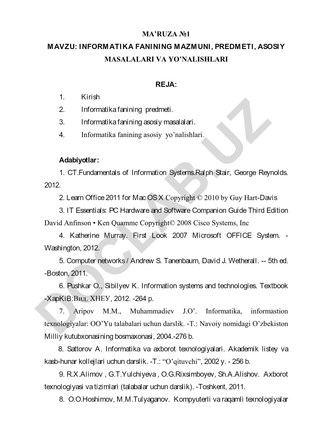 Informatika fanining mazmuni, predmeti, asosiy masalalari va yo'nalishlari