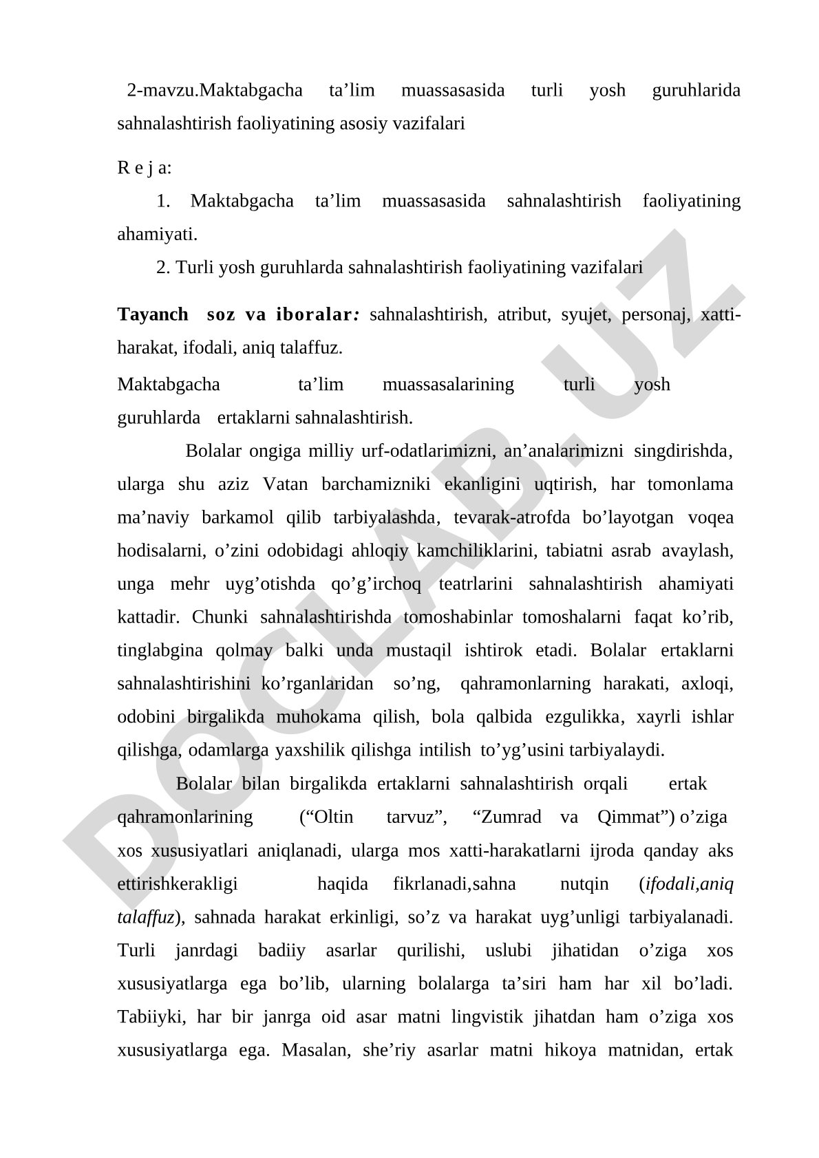 Maktabgacha ta’lim muassasasida turli yosh guruhlarida sahnalashtirish faoliyatining asosiy vazifalari