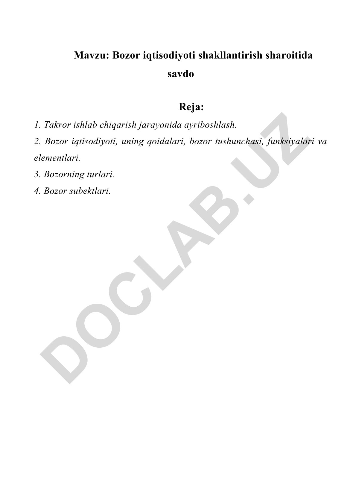 Bozor iqtisodiyoti shakllantirish sharoitida savdo