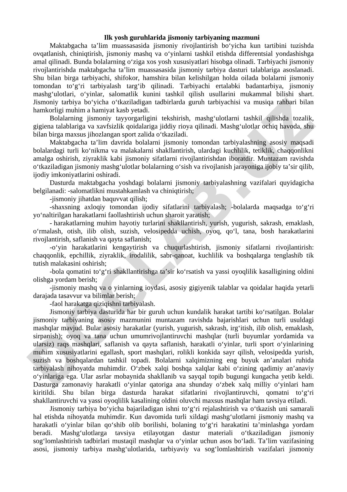 Ilk yosh guruhlarida jismoniy tarbiyaning mazmuni