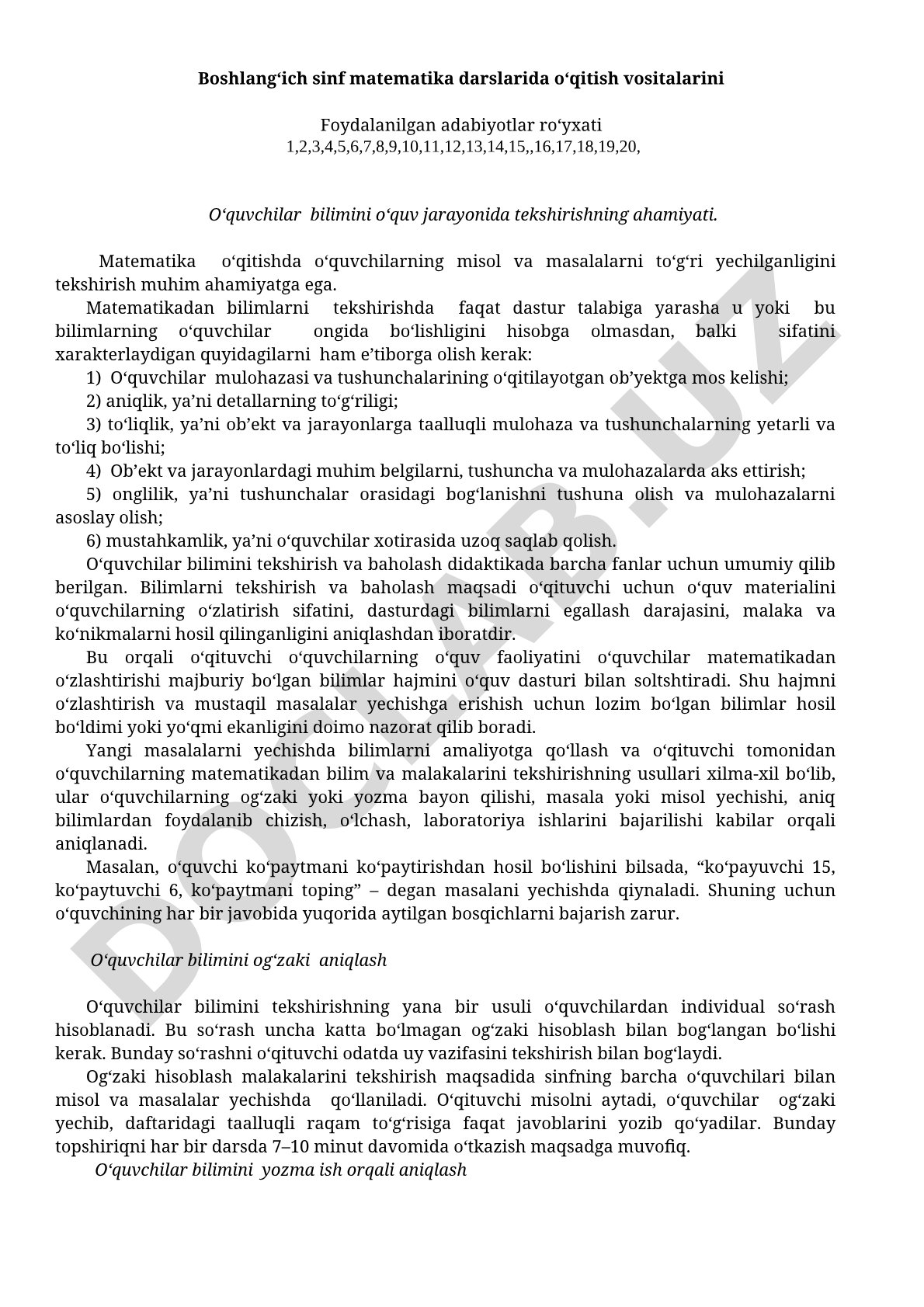 Boshlang‘ich sinf matematika darslarida o‘qitish vositalari