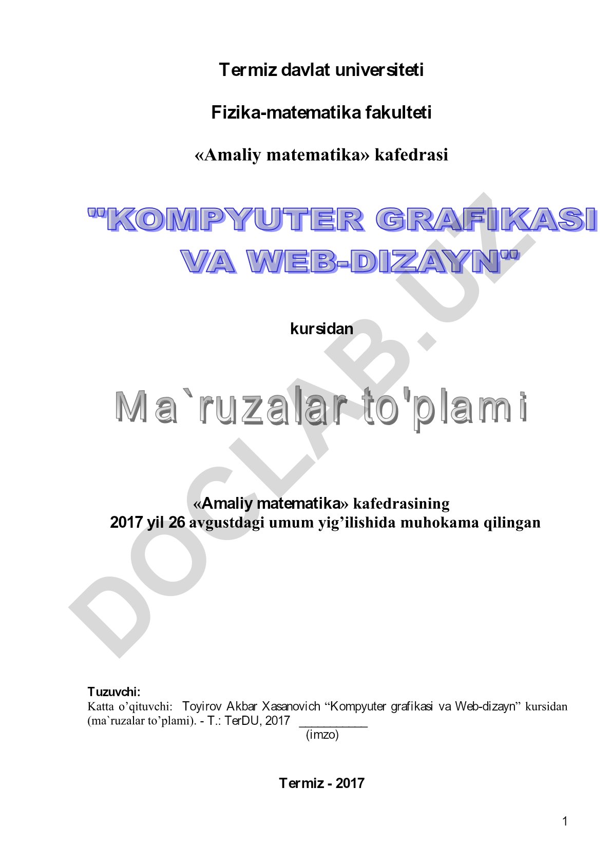 Kompyuter grafikasi va Web-dizayn kursi ma'ruzalar to'plami
