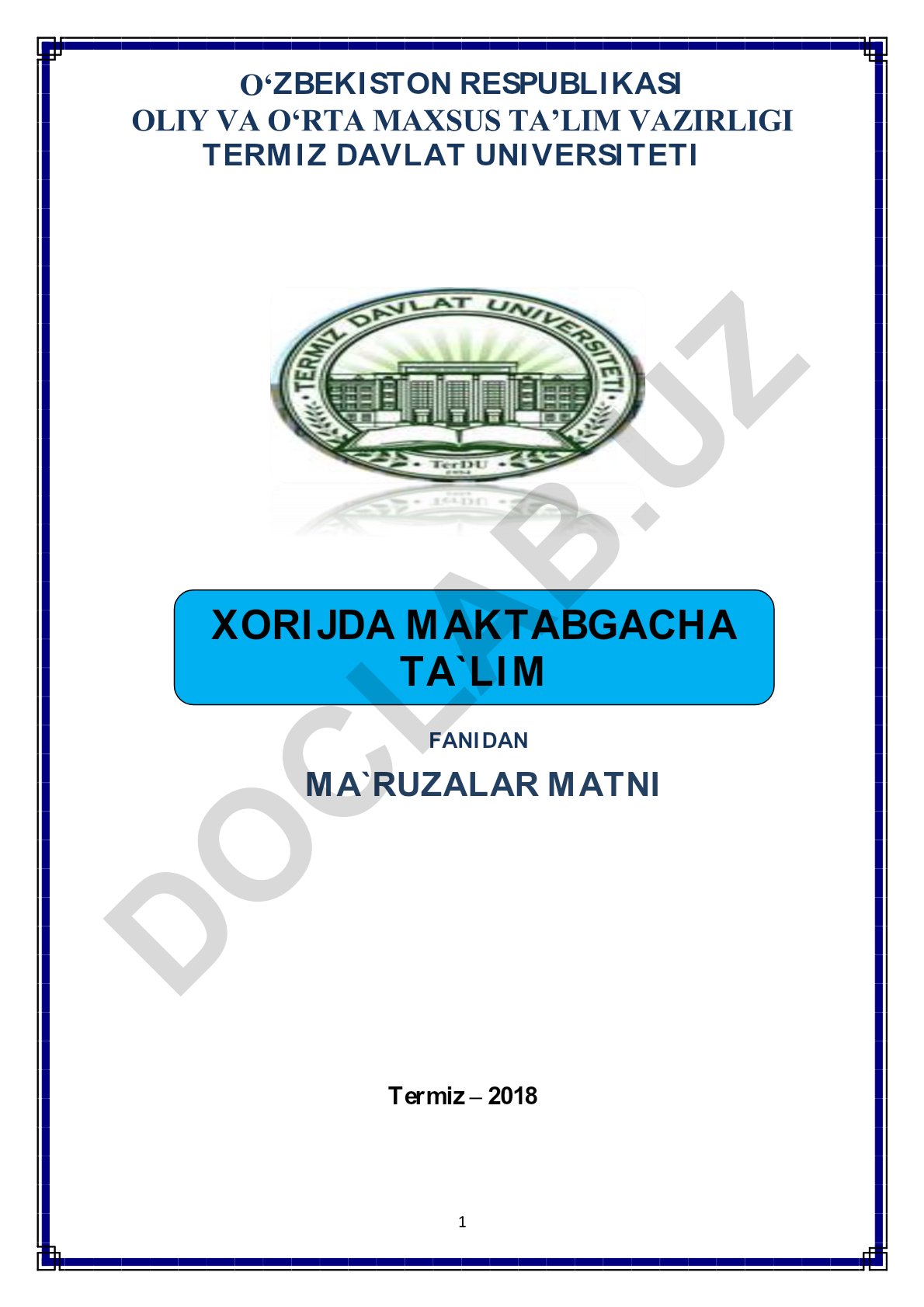 Xorijda maktabgacha ta'lim fanining predmeti va jahon mamlakatlari ta'limi taraqqiyoti