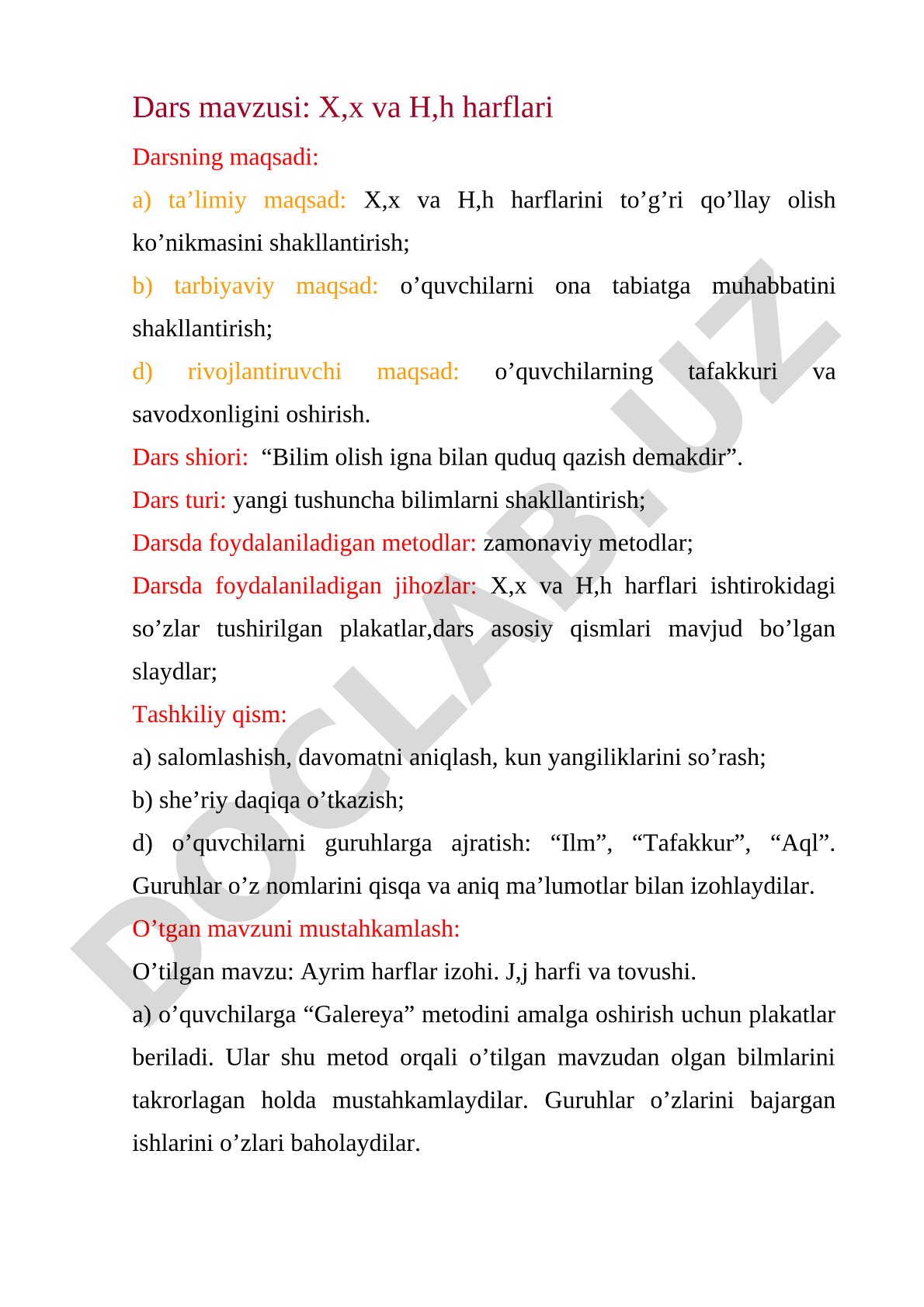 X,x va H,h harflari dars ishlanmasi