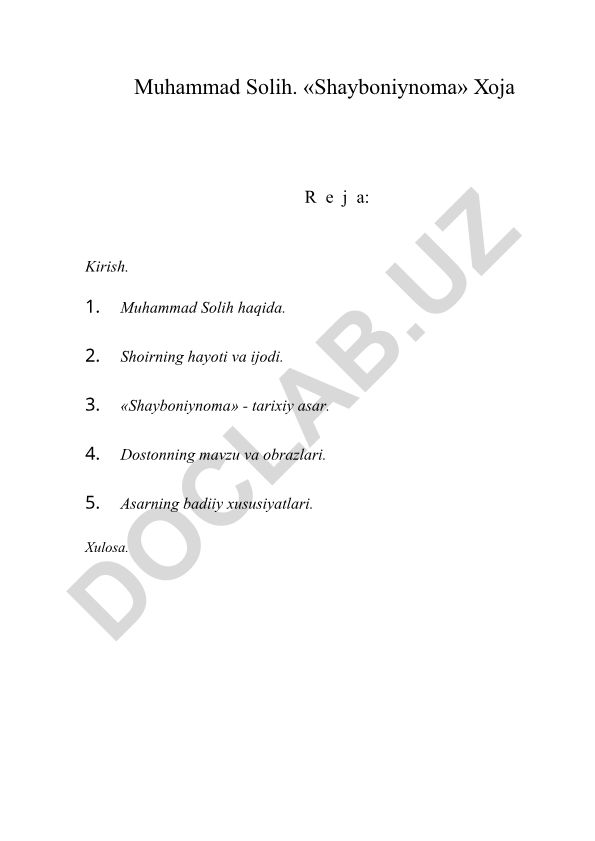 Muhammad Solihning «Shayboniynoma» asari haqida