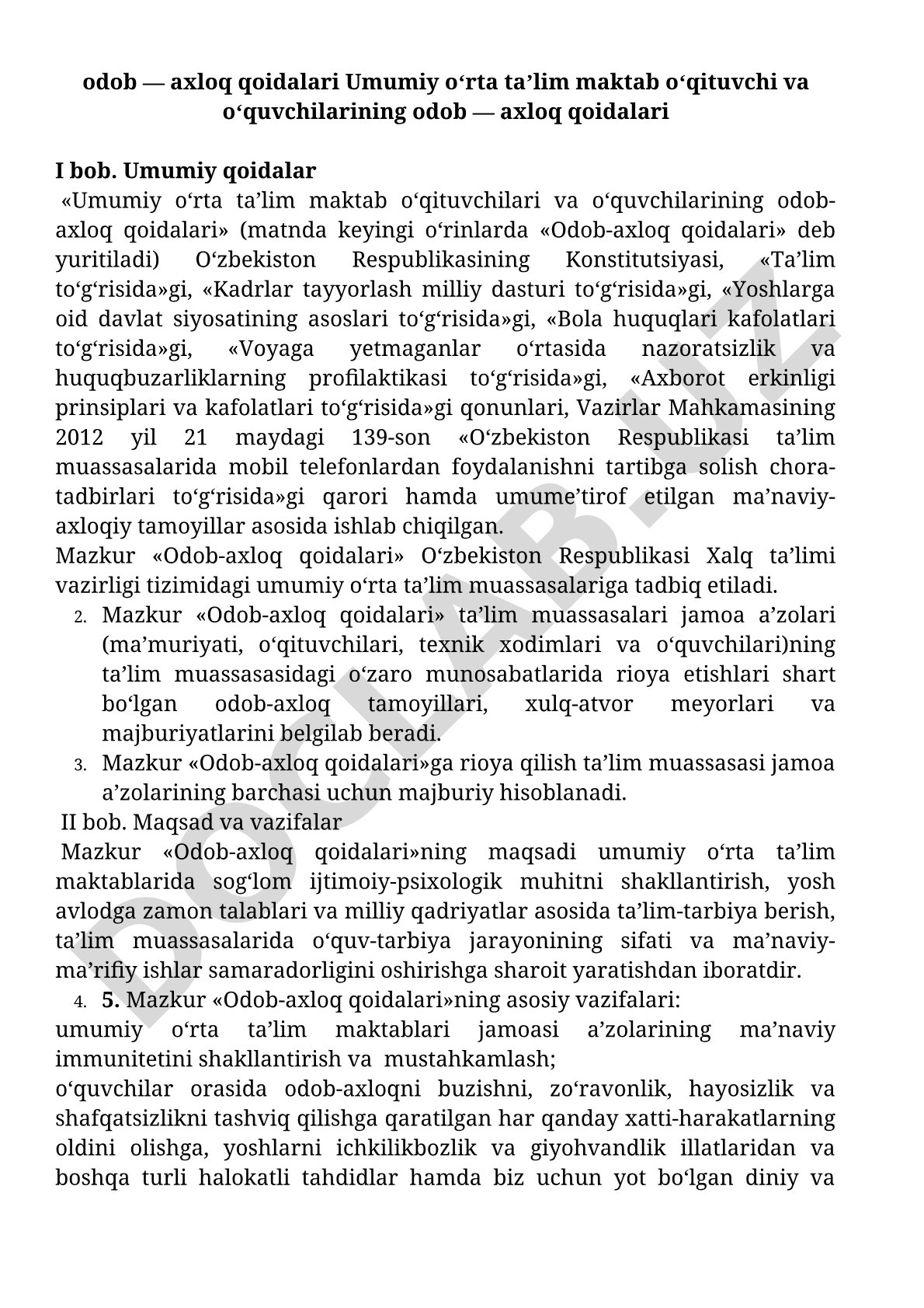 Umumiy o'rta ta'lim maktab o'qituvchi va o'quvchilarining odob-axloq qoidalari