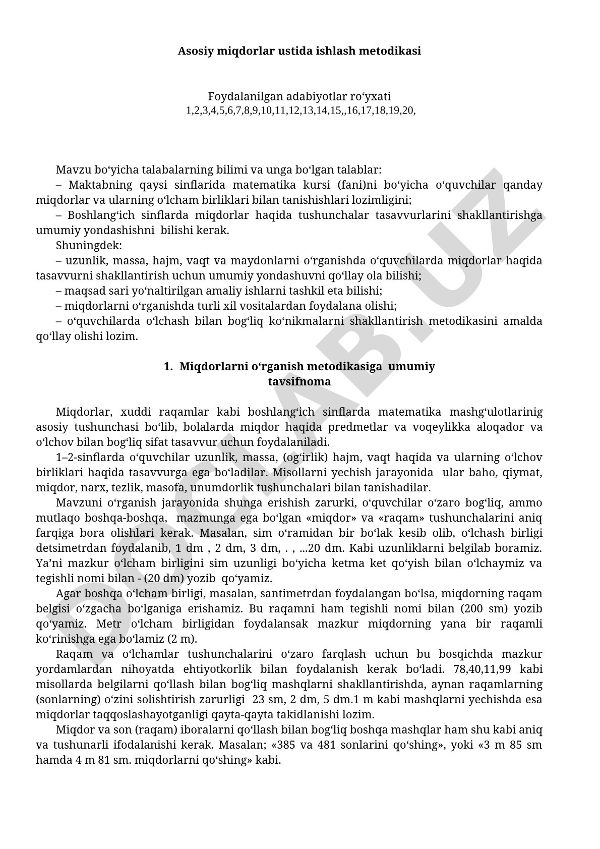 Asosiy miqdorlar ustida ishlash metodikasi