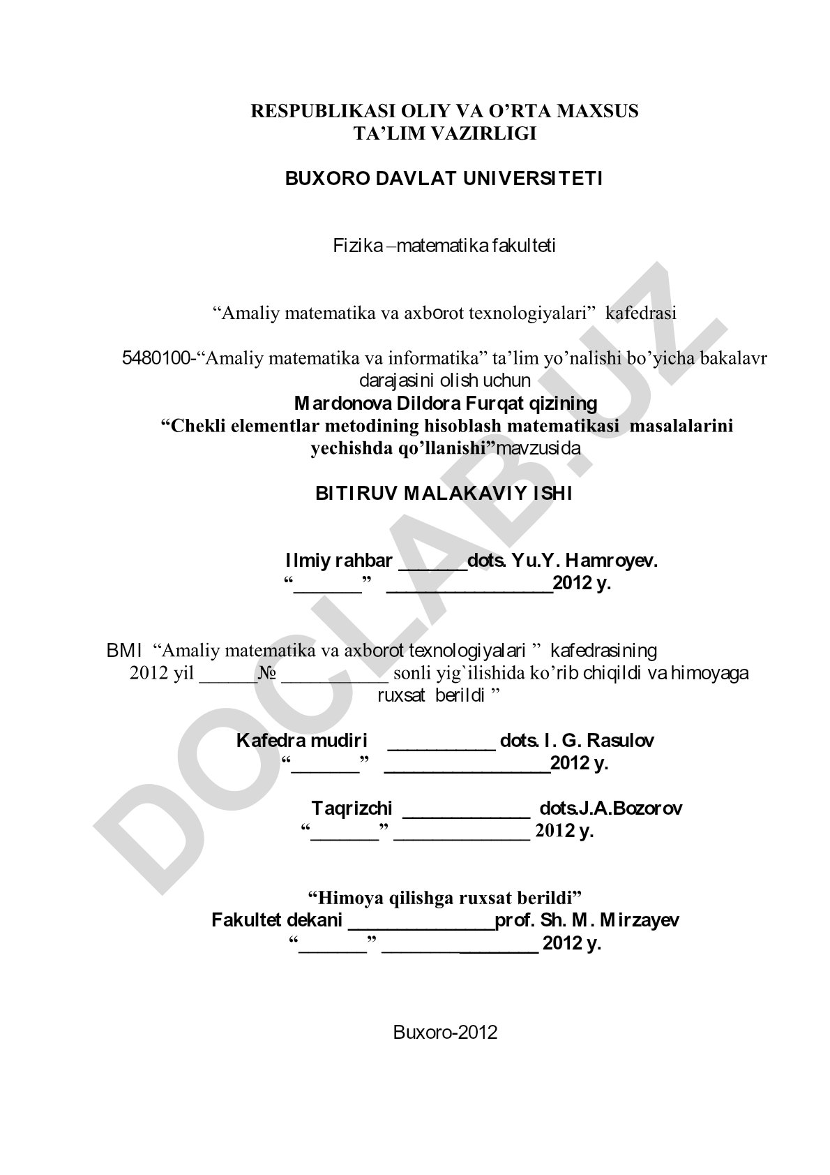 Chekli elementlar metodining hisoblash matematikasi masalalarini yechishda qo'llanishi