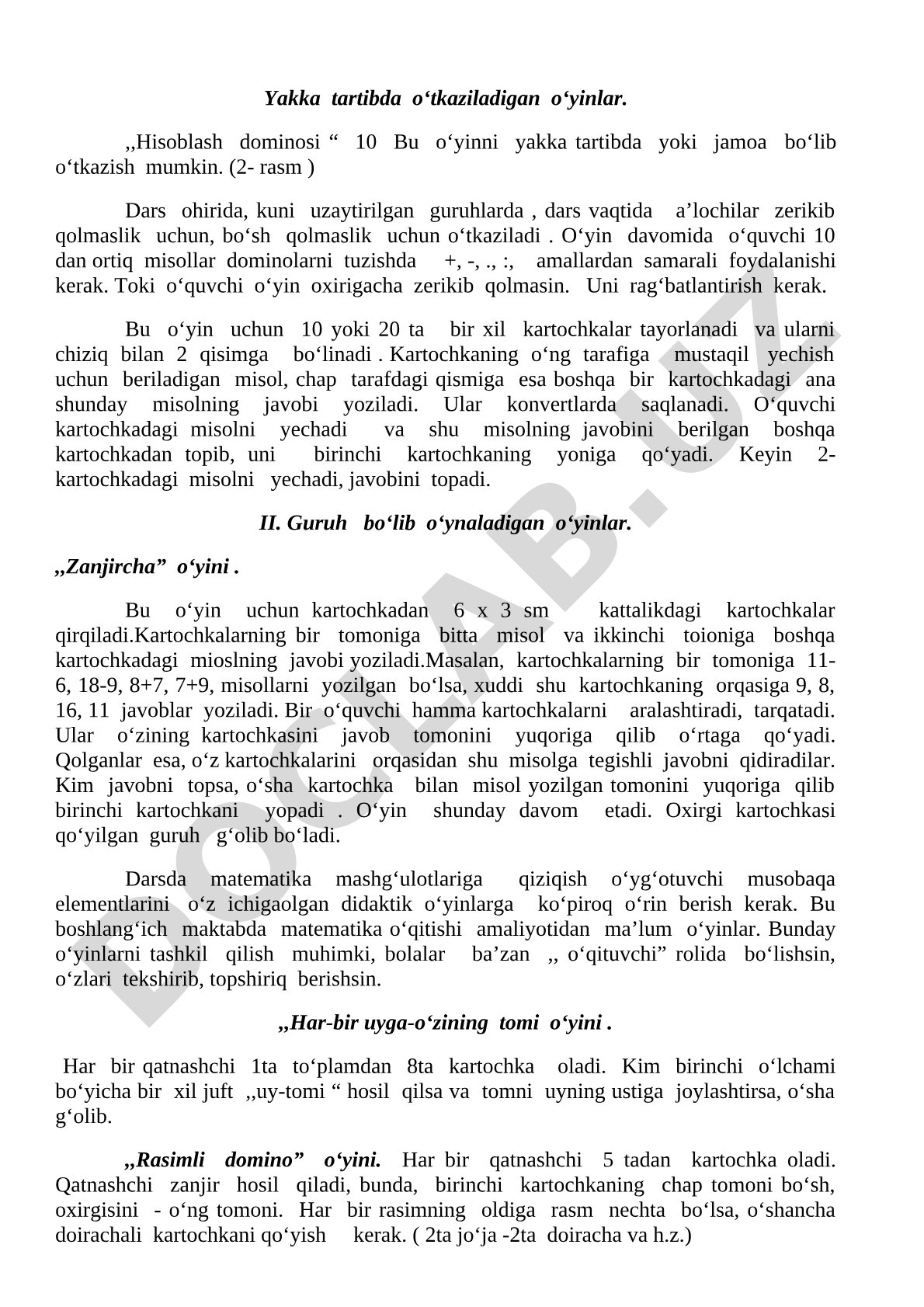 Yakka tartibda va guruh bo‘lib o‘tkaziladigan o‘yinlar