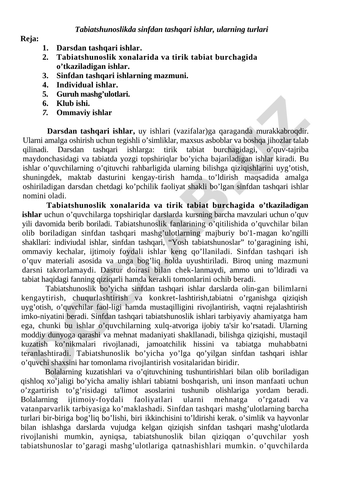 Tabiatshunoslikda sinfdan tashqari ishlar, ularning turlari