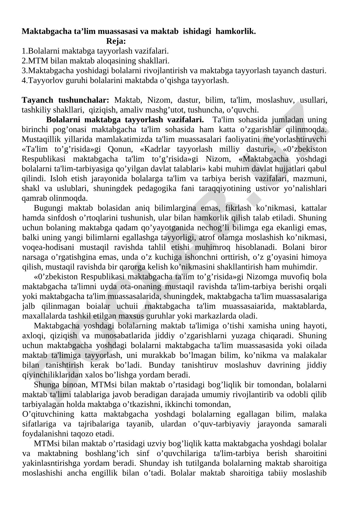 Maktabgacha ta’lim muassasasi va maktab ishidagi hamkorlik