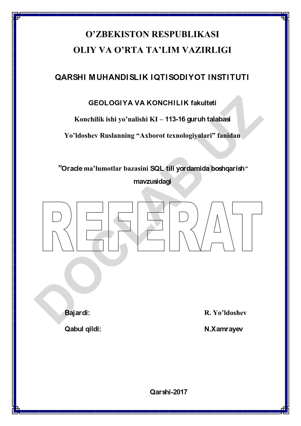 Oracle ma'lumotlar bazasini SQL tili yordamida boshqarish