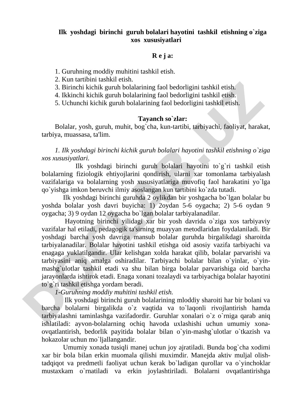 Ilk yoshdagi birinchi guruh bolalari hayotini tashkil etishning o'ziga xos xususiyatlari