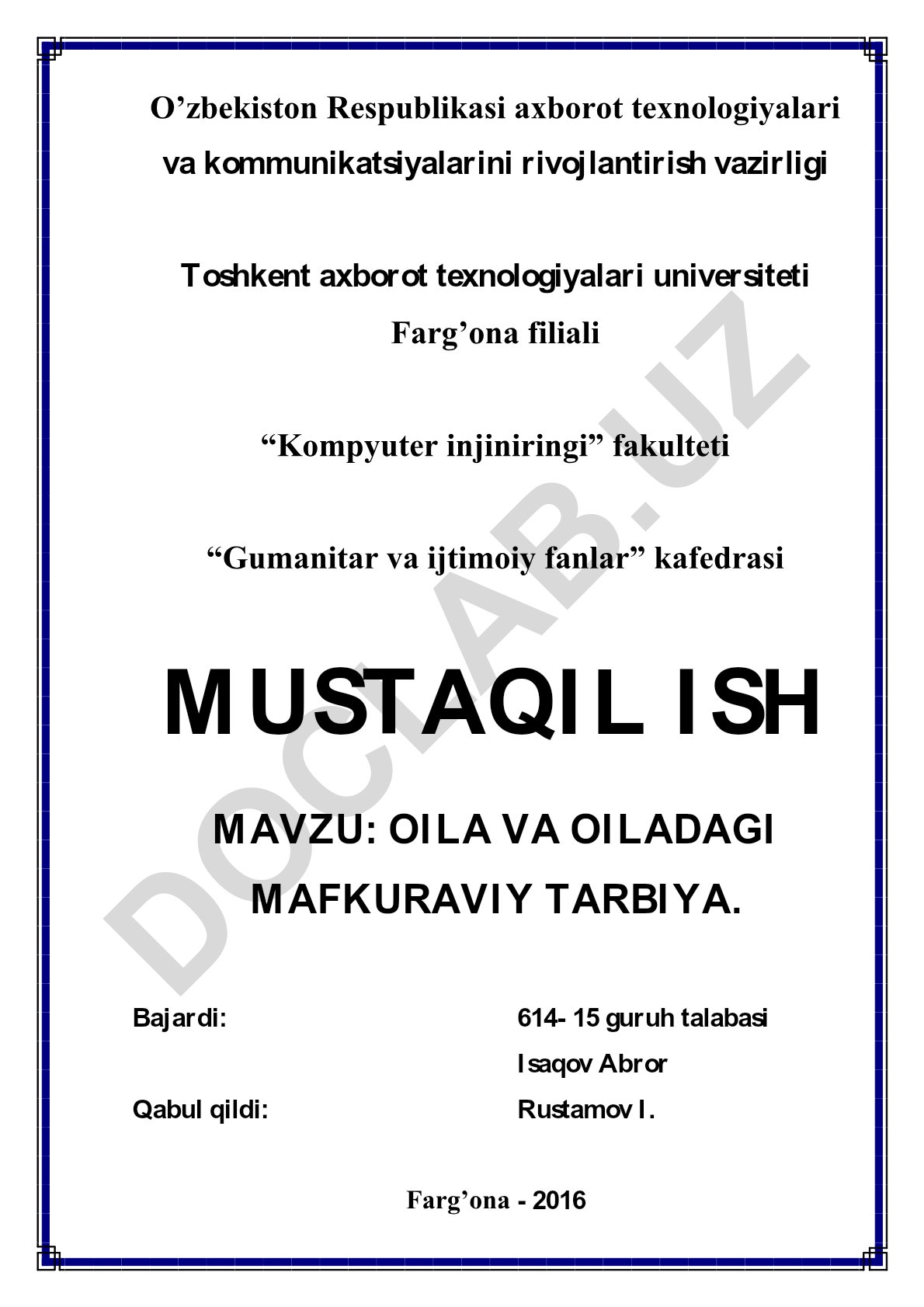 Oila va oiladagi mafkuraviy tarbiya
