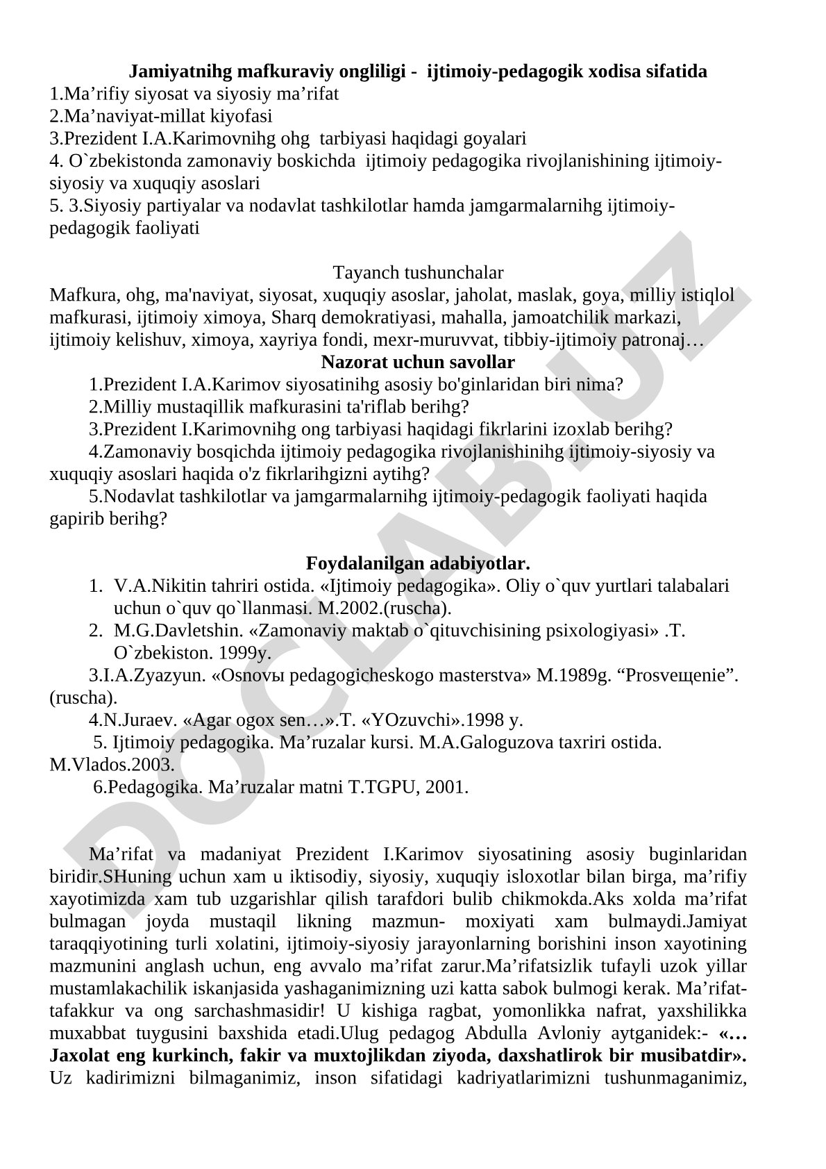 Jamiyatning mafkuraviy ongliligi - ijtimoiy-pedagogik hodisa sifatida