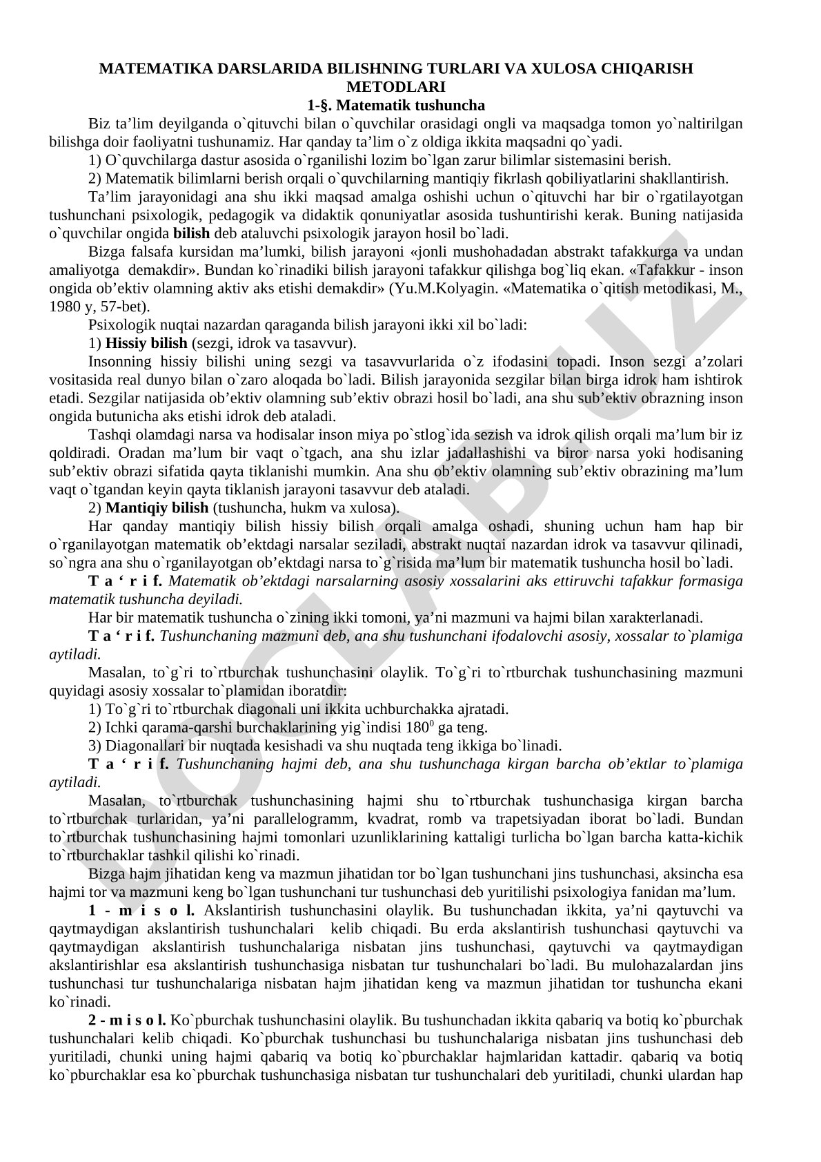 Matematika darslarida bilishning turlari va xulosa chiqarish metodlari