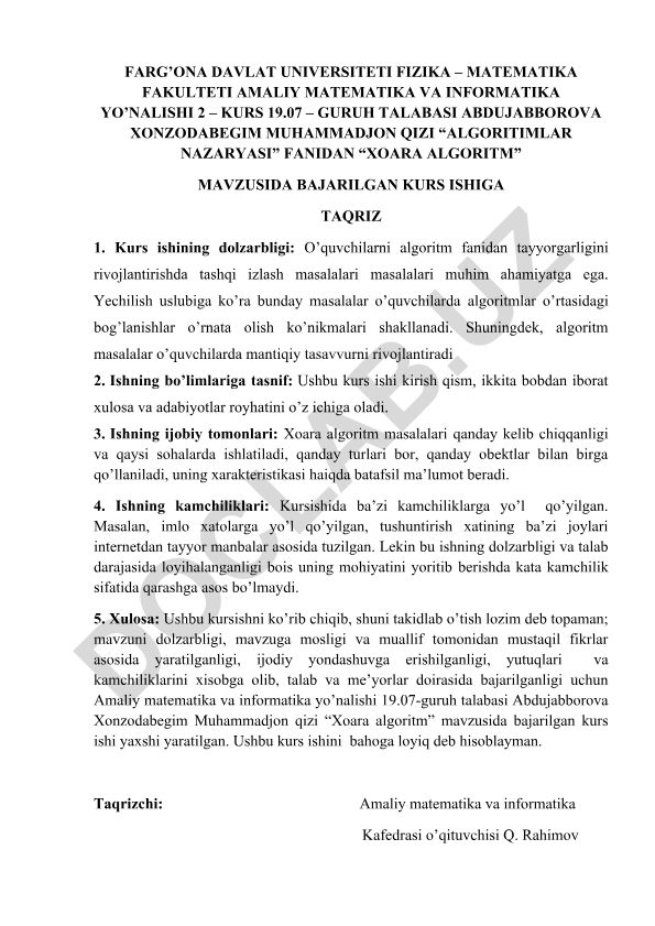 Xoara algoritmi haqida kurs ishi