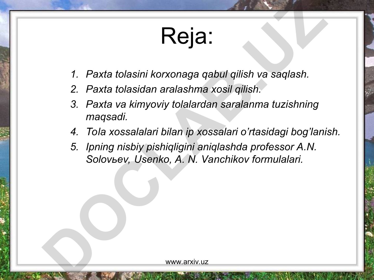 Paxta tolasini qabul qilish, saqlash va ip xossalari