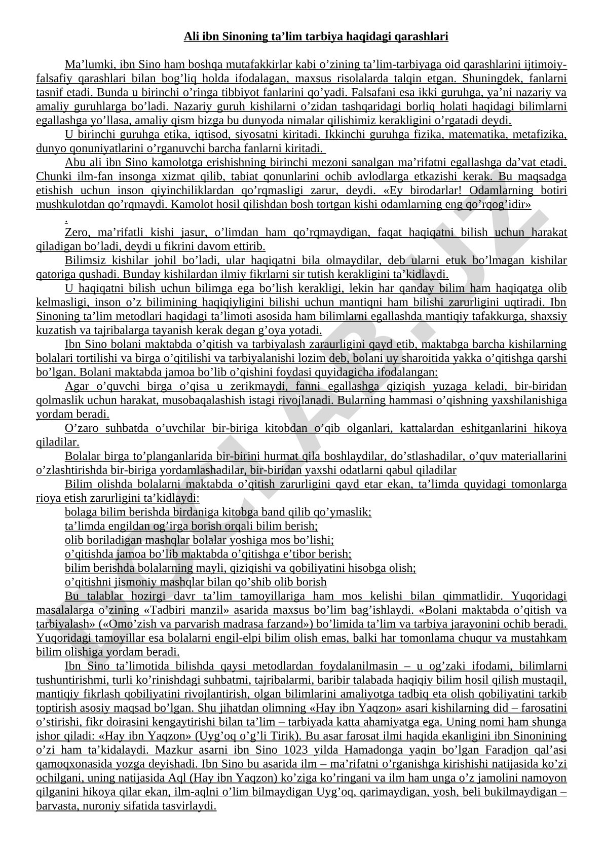 Ali ibn Sinoning ta'lim tarbiya haqidagi qarashlari