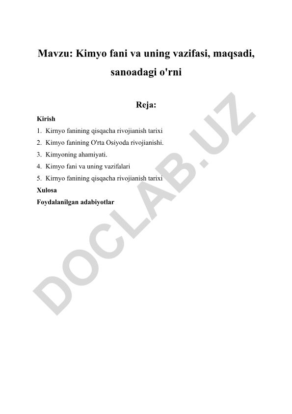 Kimyo fani va uning vazifasi, maqsadi, sanoadagi o'rni
