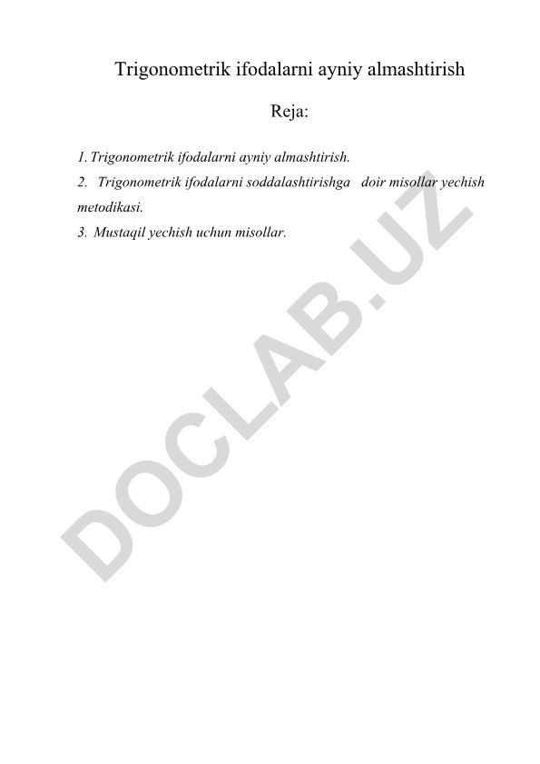 Trigonometrik ifodalarni ayniy almashtirish