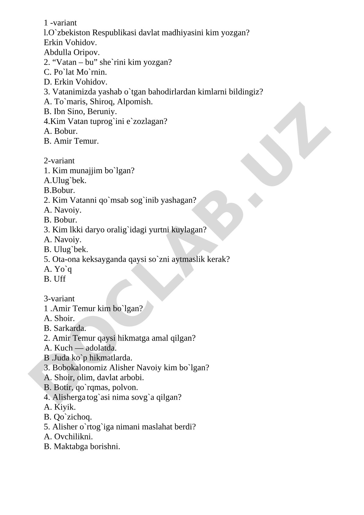 Vatan va tarixiy shaxslar haqida test savollari